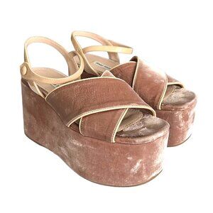 Miu Miu Women's Crossover Velvet Flatform Sandals Size 35 Antique‎ Pink